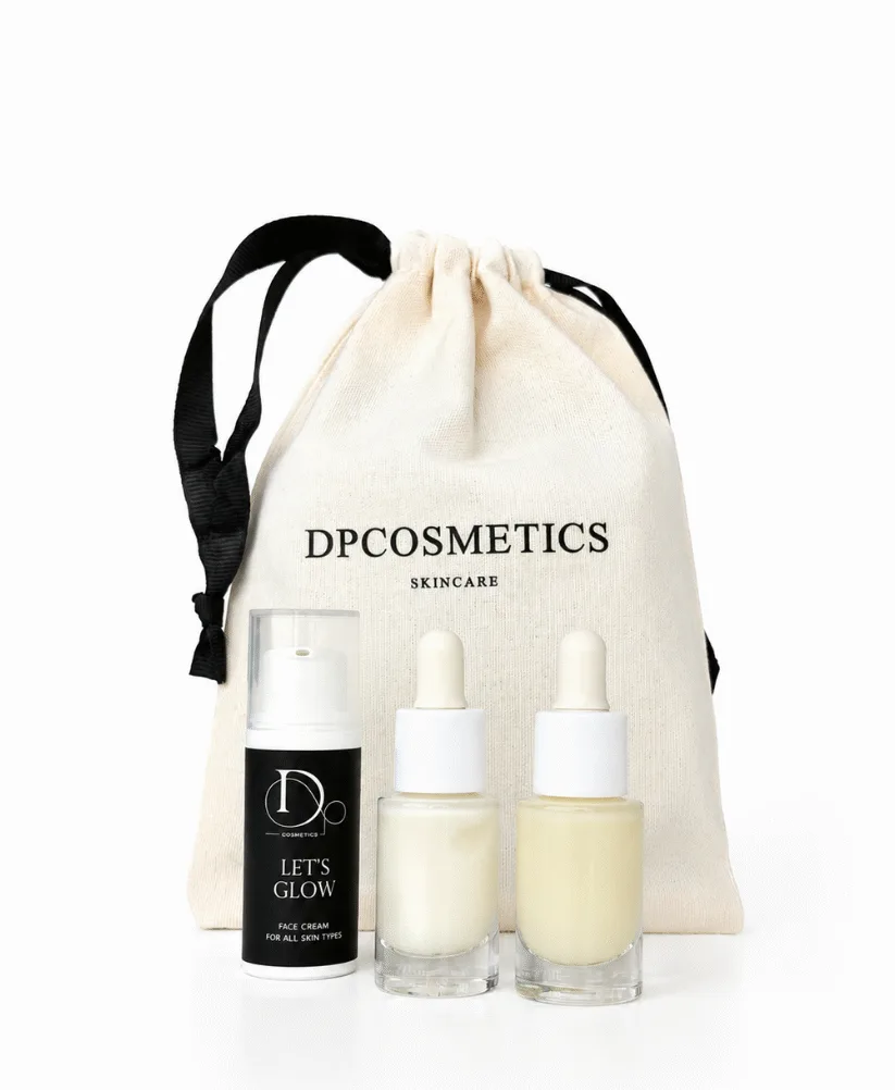 DP Cosmetics Travel Size Kit: Let's Glow krēms, Keep Glowing un KEEP CALM serumi 5 ml ar auduma maisiņu